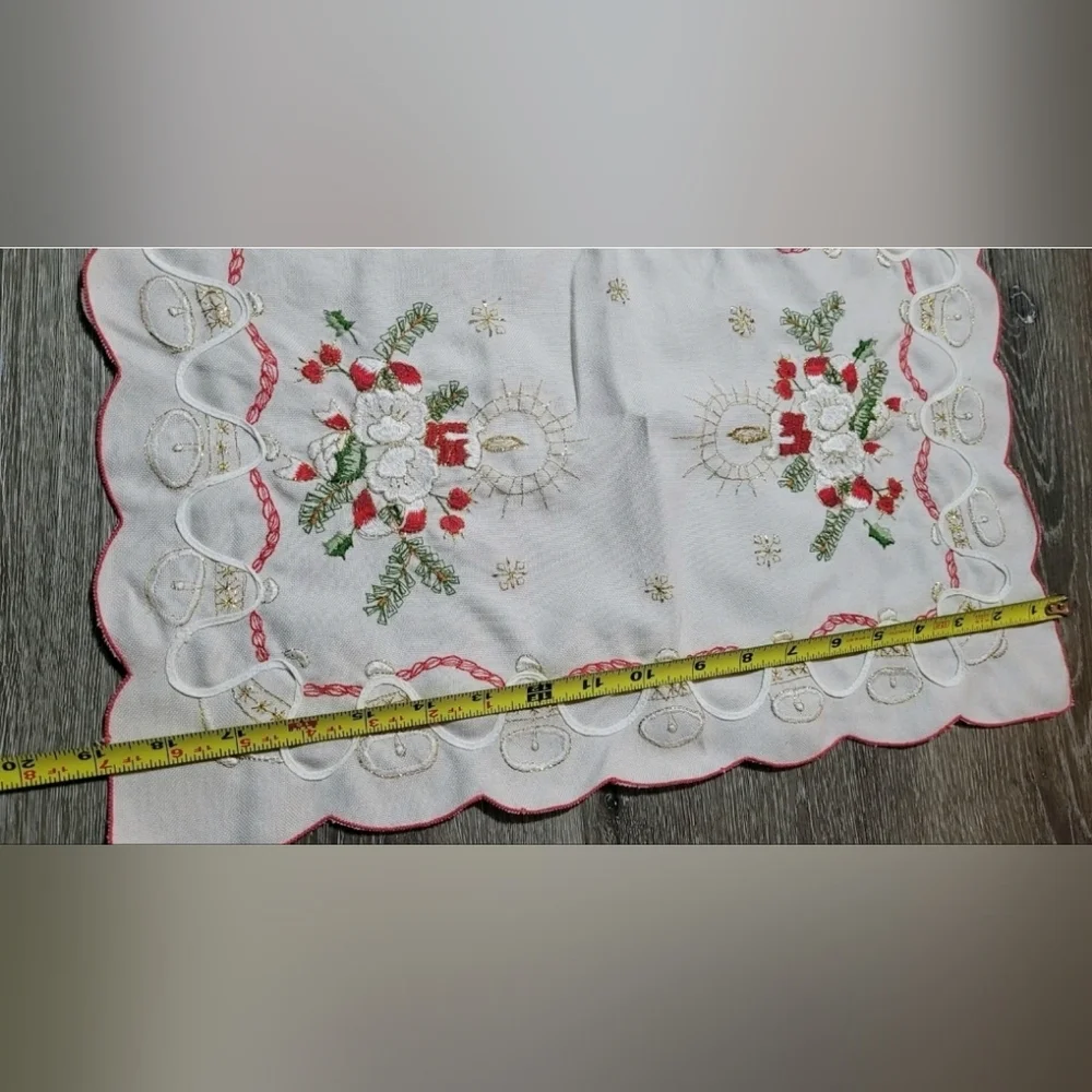 Vintage Embroidered Christmas table mat placemat tray mat candle and Holly